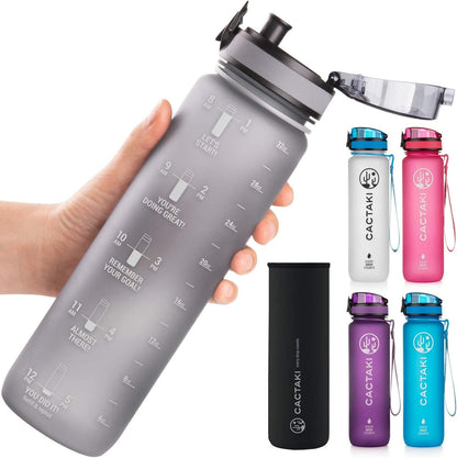 32 Oz Water Drinking Bottle with Time Marker - Stay Hydrated - Hydration Tracker & Reminder to Drink with Hourly Measurement Markings - Leak Spill Proof & BPA Free